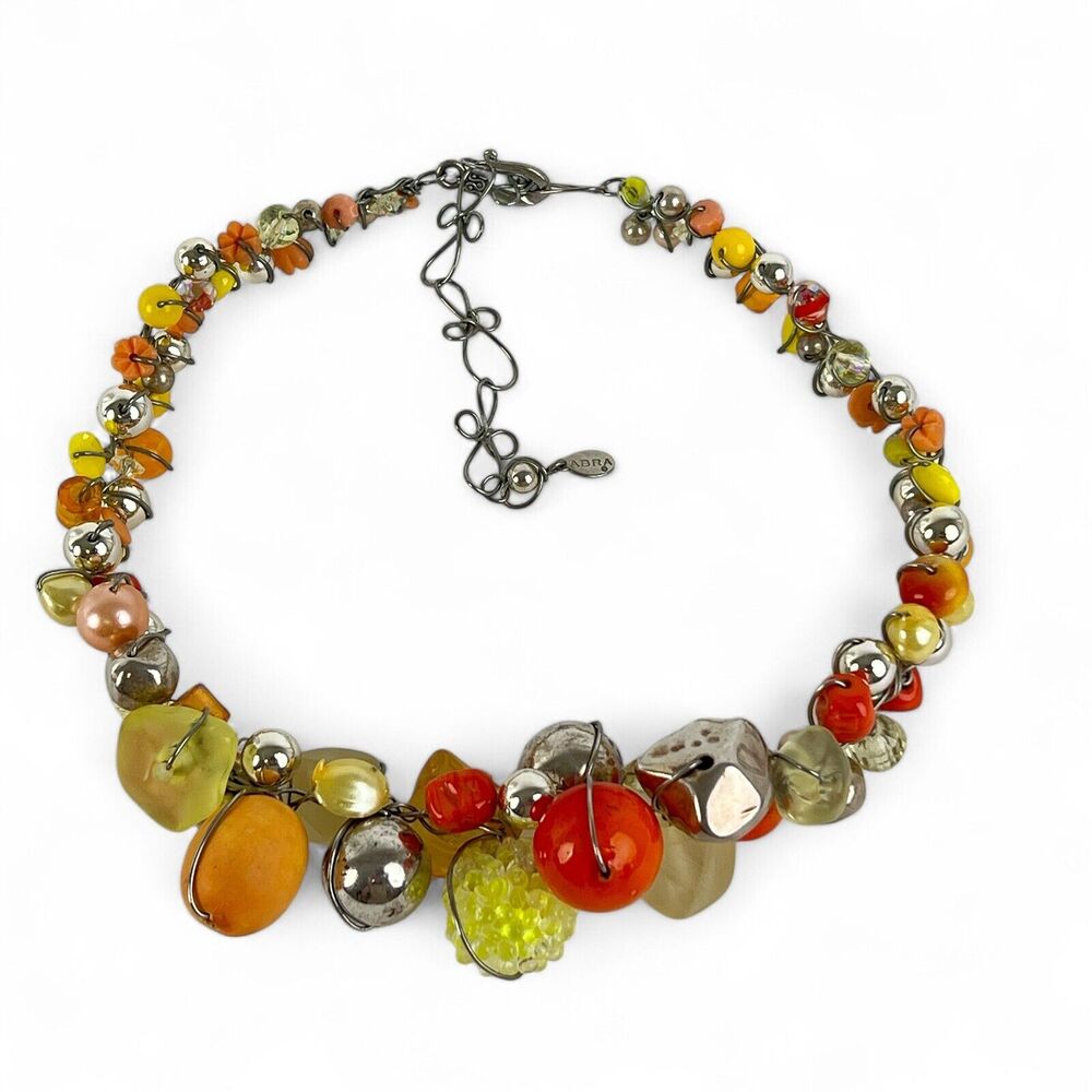Vintage Abra Couture Necklace Orange Resin Beads Collar Wire Wrapped Silver Tone